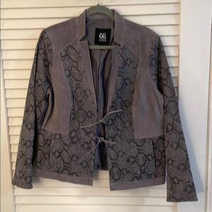 Carlos Falchi Gray Snake Print Perforated Leather Tie Front Suede Jacket
